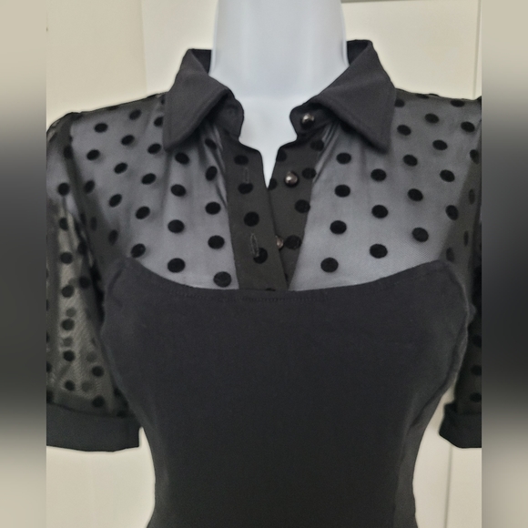 NWOT Collectif Wednesday Black Flocked Polka Dot Collared Swing Dress - Picture 11 of 16